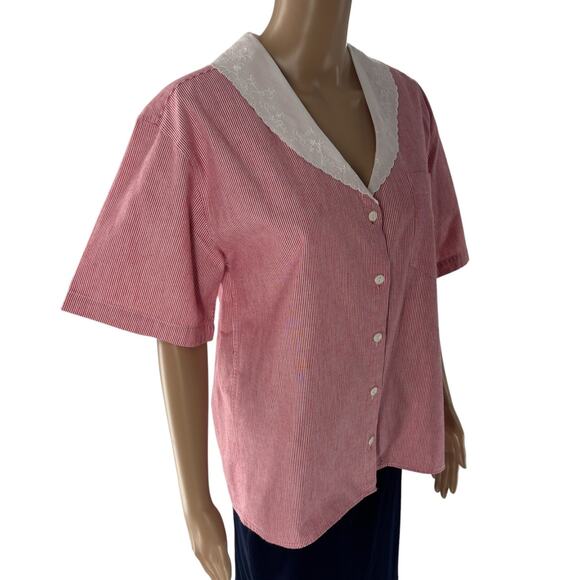 Ralph Lauren Red Vintage 1980s White Striped Cotton Button Down Blouse - Picture 5 of 9